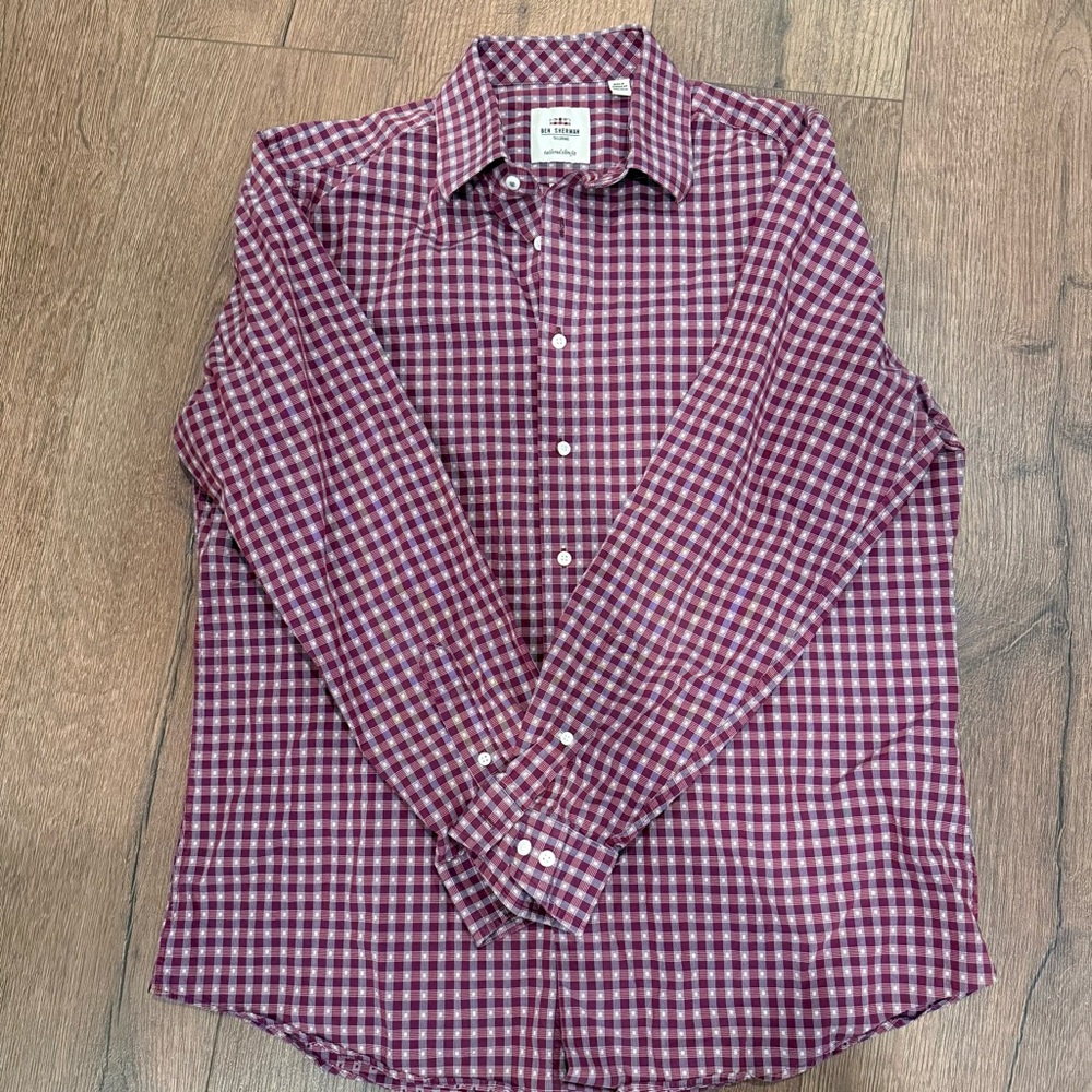 Ben Sherman Red & White Checkered button-down slim tailored dress shirt 16 32-33